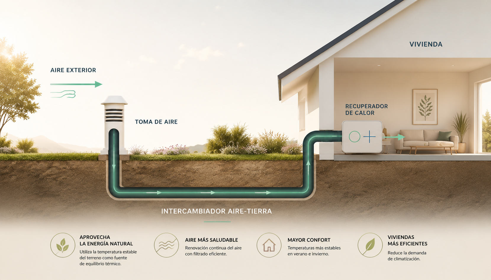 Esquema del funcionamiento del sistema de climatización pasiva en una vivienda